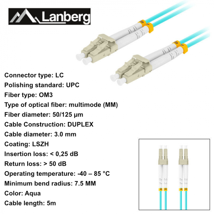 Cablu retea fibra optica cu lungime 5 m si conectori LC/UPC-LC/UPC, Lanberg Z32330, MM, DUPLEX 3.0MM OM3 50/125 LSZH, albastru [6]