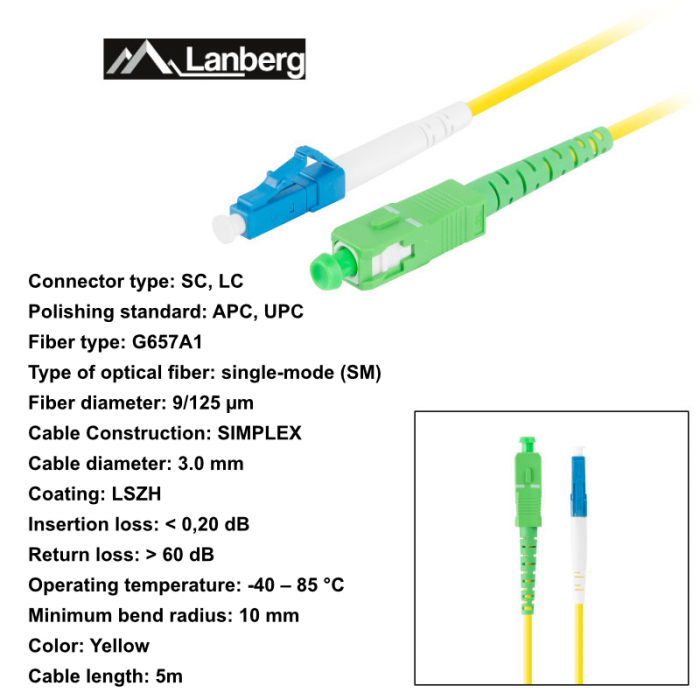 Cablu retea fibra optica cu lungime 5 m si conectori LC/UPC-SC/APC, Lanberg Z43305, SM, SIMPLEX 3.0MM G657A1 LSZH, galben [6]