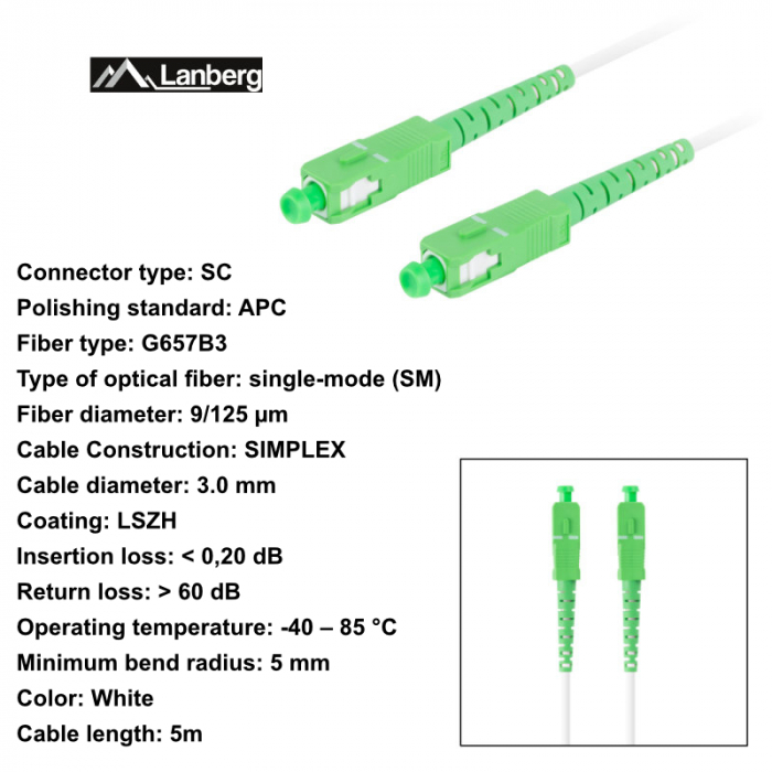 Cablu retea fibra optica cu lungime 5 m si conectori SC/APC-SC/APC, Lanberg Z43073, SM, SIMPLEX 3.0MM G657B3 LSZH, alb [6]