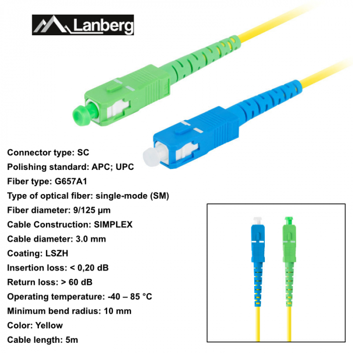 Cablu retea fibra optica cu lungime 5 m si conectori SC/APC-SC/UPC, Lanberg Z43071, SM, SIMPLEX 3.0MM G657A1 LSZH, galben [6]