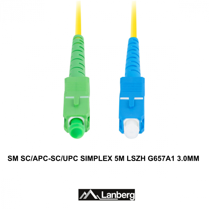 Cablu retea fibra optica cu lungime 5 m si conectori SC/APC-SC/UPC, Lanberg Z43071, SM, SIMPLEX 3.0MM G657A1 LSZH, galben [3]