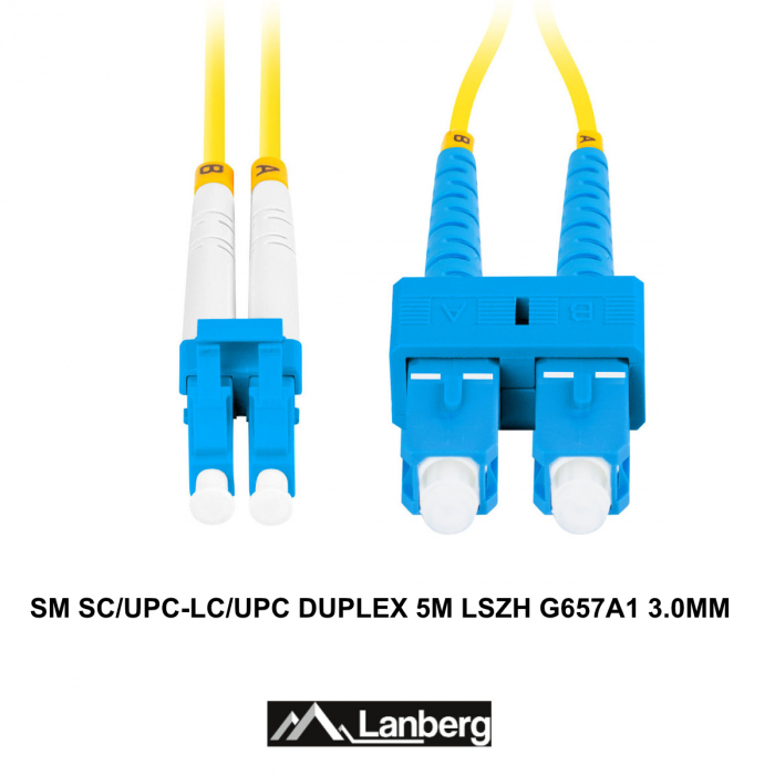 Cablu retea fibra optica cu lungime 5 m si conectori SC/UPC-LC/UPC, Lanberg Z43317, SM, DUPLEX 3.0MM G657A1 LSZH, galben [3]
