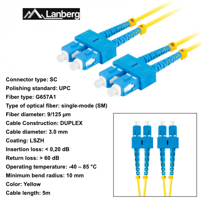 Cablu retea fibra optica cu lungime 5 m si conectori SC/UPC-SC/UPC, Lanberg Z43098, SM, DUPLEX 3.0MM G657A1 LSZH, galben [6]