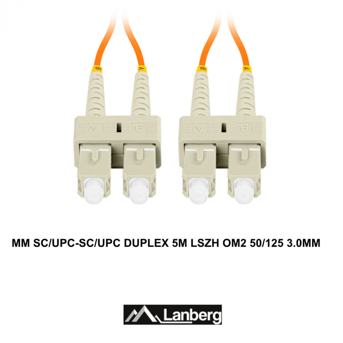 Cablu retea fibra optica cu lungime 5 m si conectori SC/UPC-SC/UPC, Lanberg Z43325, MM, DUPLEX 3.0MM OM2 50/125 LSZH, portocaliu [3]