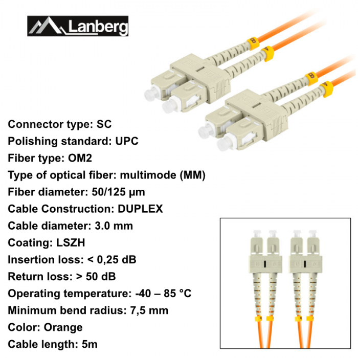 Cablu retea fibra optica cu lungime 5 m si conectori SC/UPC-SC/UPC, Lanberg Z43325, MM, DUPLEX 3.0MM OM2 50/125 LSZH, portocaliu [6]