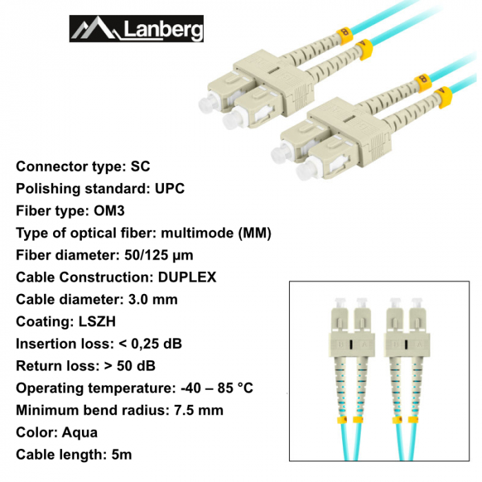 Cablu retea fibra optica cu lungime 5 m si conectori SC/UPC-SC/UPC, Lanberg Z43329, MM, DUPLEX 3.0MM OM3 50/125 LSZH, albastru [6]