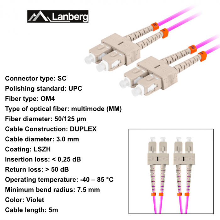 Cablu retea fibra optica cu lungime 5 m si conectori SC/UPC-SC/UPC, Lanberg Z43332, MM, DUPLEX 3.0MM OM4 50/125 LSZH, violet [6]