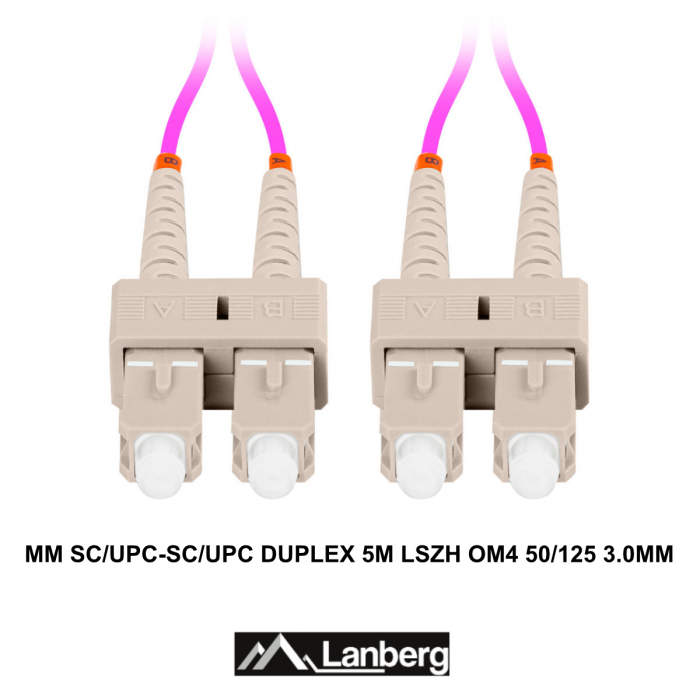 Cablu retea fibra optica cu lungime 5 m si conectori SC/UPC-SC/UPC, Lanberg Z43332, MM, DUPLEX 3.0MM OM4 50/125 LSZH, violet [3]