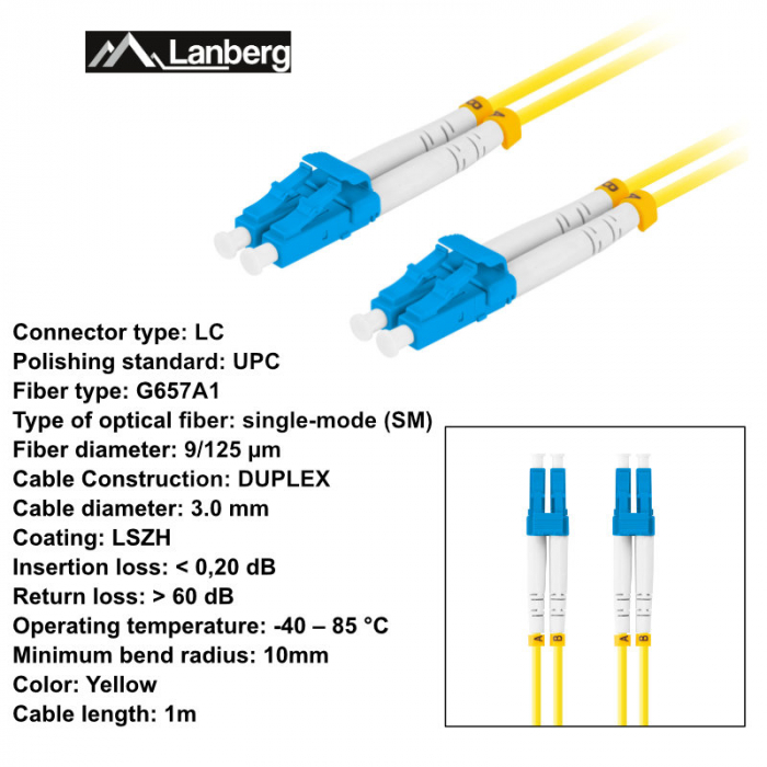 Cablu retea fibra optica cu lungime 1 m si conectori LC/UPC-LC/UPC, Lanberg Z32292, SM, DUPLEX 3.0MM G657A1 LSZH, galben [6]