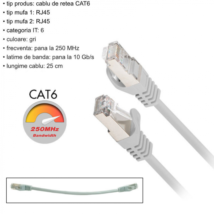 Cablu retea-patchcord CAT6 FTP, Lanberg 43612, 2 X RJ45, lungime 25cm, AWG26, 10Gb/s-250MHz, de legatura retea, ethernet, gri [6]