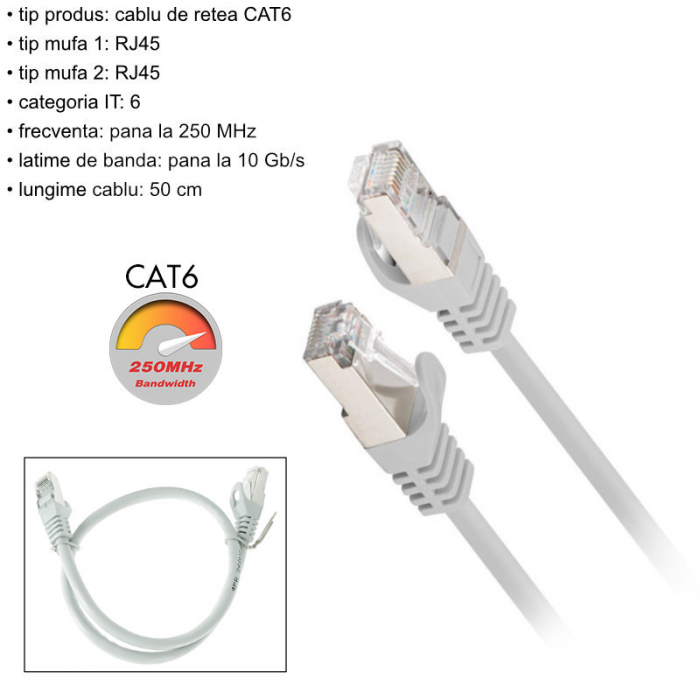 Cablu retea-patchcord CAT6 FTP, Lanberg 43613, 2 X RJ45, lungime 50cm, AWG26, 10Gb/s-250MHz, de legatura retea, ethernet, gri [6]