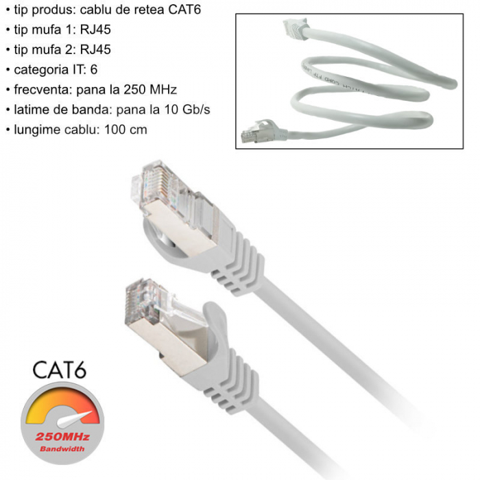 Cablu retea-patchcord CAT6 FTP, Lanberg 43614, 2 X RJ45, lungime 1m, AWG26, 10Gb/s-250MHz, de legatura retea, ethernet, gri [6]