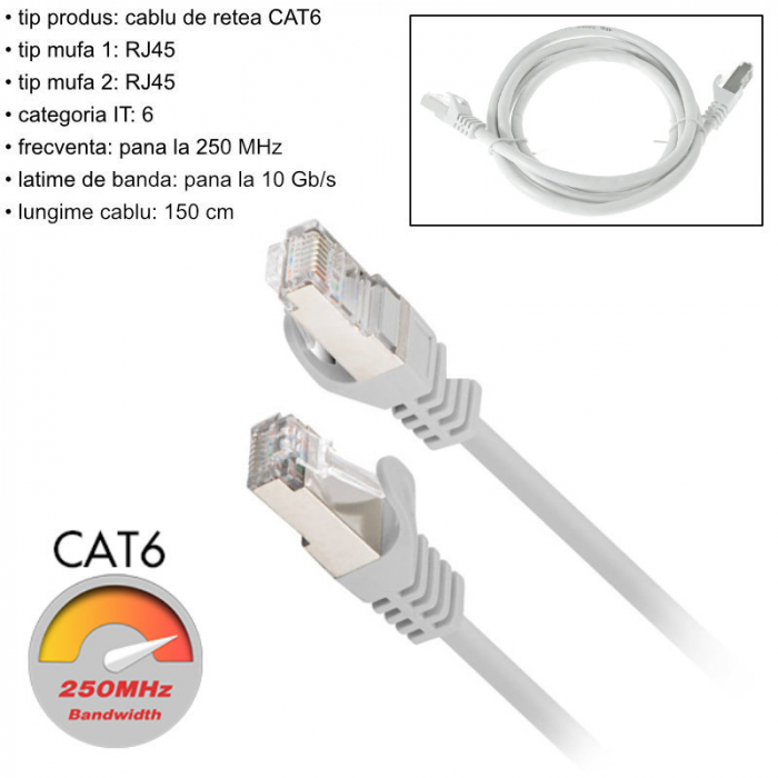 Cablu retea-patchcord CAT6 FTP, Lanberg 43615, 2 X RJ45, lungime 1.5m, AWG26, 10Gb/s-250MHz, de legatura retea, ethernet, gri [6]