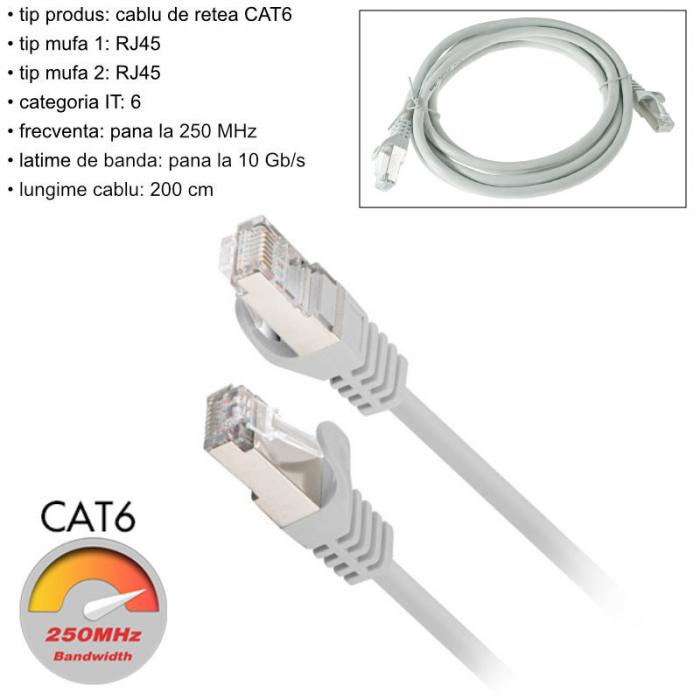 Cablu retea-patchcord CAT6 FTP, Lanberg 43616, 2 X RJ45, lungime 2m, AWG26, 10Gb/s-250MHz, de legatura retea, ethernet, gri [6]