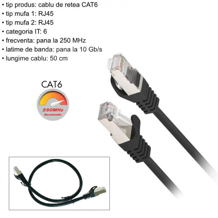 Cablu retea-patchcord CAT6 FTP, Lanberg 43619, 2 X RJ45, lungime 50cm, AWG26, 10Gb/s-250MHz, de legatura retea, ethernet, negru [6]