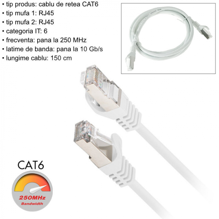 Cablu retea-patchcord CAT6 FTP, Lanberg 43627, 2 X RJ45, lungime 1.5m, AWG26, 10Gb/s-250MHz, de legatura retea, ethernet, alb [6]