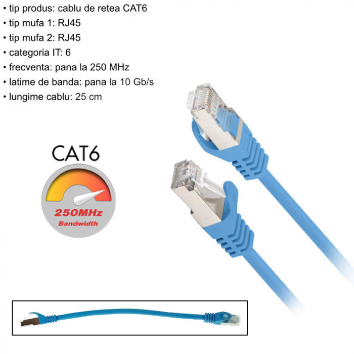 Cablu retea-patchcord CAT6 FTP, Lanberg 43630, 2 x RJ45, lungime 25cm, AWG26, 10Gb/s-250MHz, de legatura retea, ethernet, albastru [6]