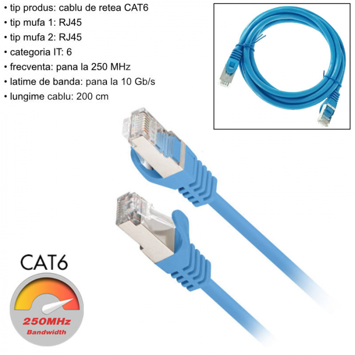 Cablu retea-patchcord CAT6 FTP, Lanberg 43634, 2 X RJ45, lungime 2m, AWG26, 10Gb/s-250MHz, de legatura retea, ethernet, albastru [6]