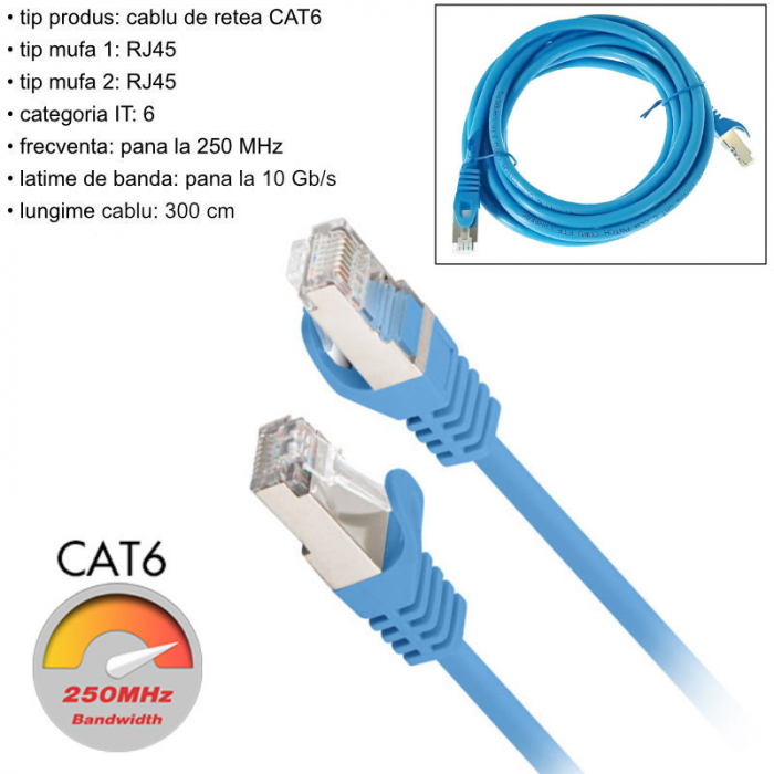 Cablu retea-patchcord CAT6 FTP, Lanberg 43635, 2 X RJ45, lungime 3m, AWG26, 10Gb/s-250MHz, de legatura retea, ethernet, albastru [6]