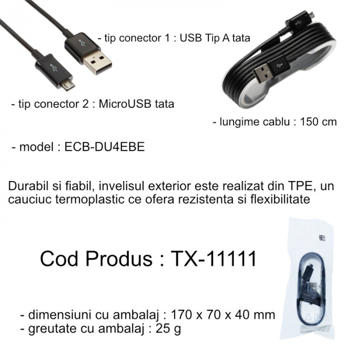 Cablu Samsung ECB-DU4EBE, USB Tip A tata la MicroUSB tata, lungime 1.5 m, negru [4]
