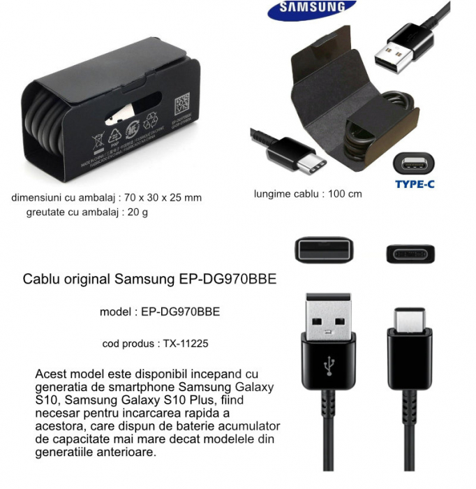 Cablu Samsung EP-DG970BBE, USB tip A tata la USB tip C tata, lungime 1 m, negru [6]