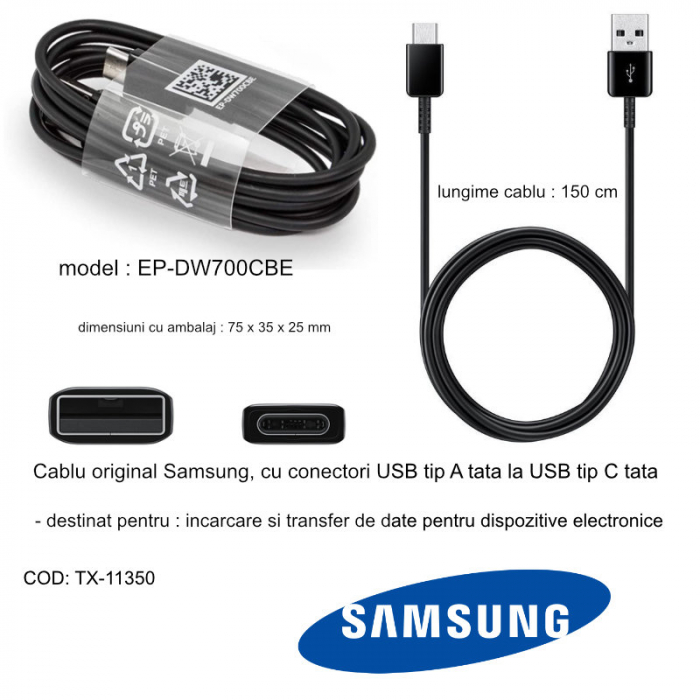 Cablu Samsung EP-DW700CBE, USB tip A tata la USB tip C tata, lungime 1.5 m, negru [4]