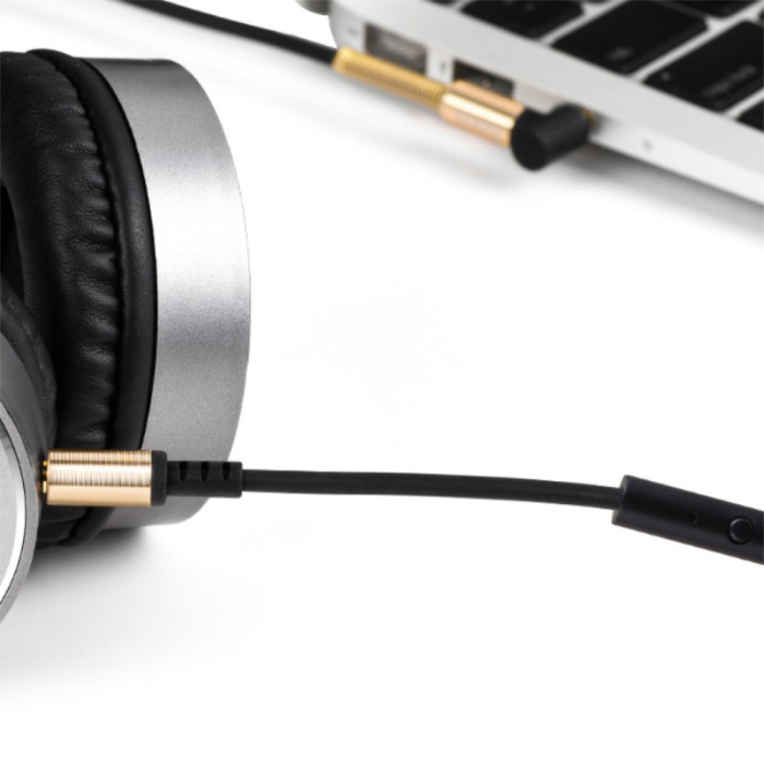 Cablu spiralat audio stereo cu microfon, lungime 2 m, Hoco UPA02-AUX, conector jack 3.5mm tata drept si conector jack 3.5 mm in unghi 90 grade, cu 3 pini, negru [4]