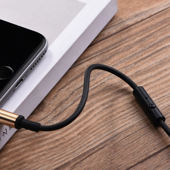 Cablu spiralat audio stereo cu microfon, lungime 2 m, Hoco UPA02-AUX, conector jack 3.5mm tata drept si conector jack 3.5 mm in unghi 90 grade, cu 3 pini, negru [8]