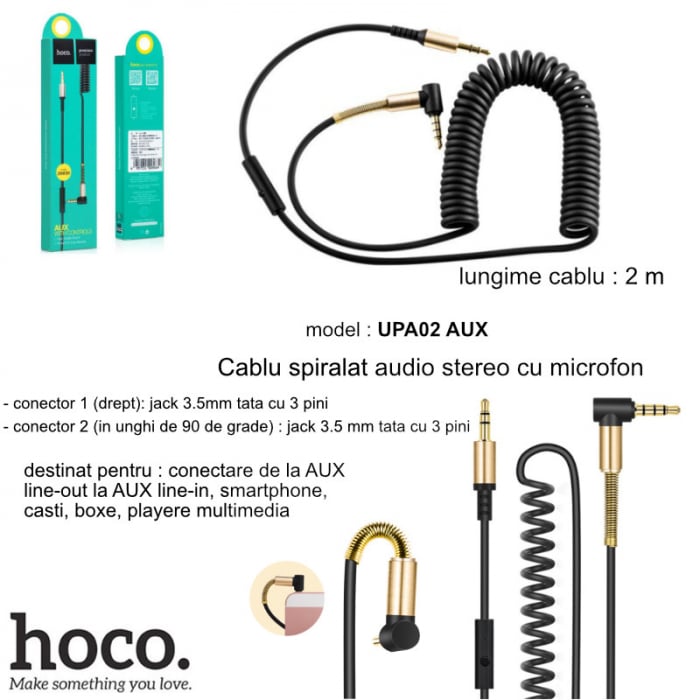 Cablu spiralat audio stereo cu microfon, lungime 2 m, Hoco UPA02-AUX, conector jack 3.5mm tata drept si conector jack 3.5 mm in unghi 90 grade, cu 3 pini, negru [7]