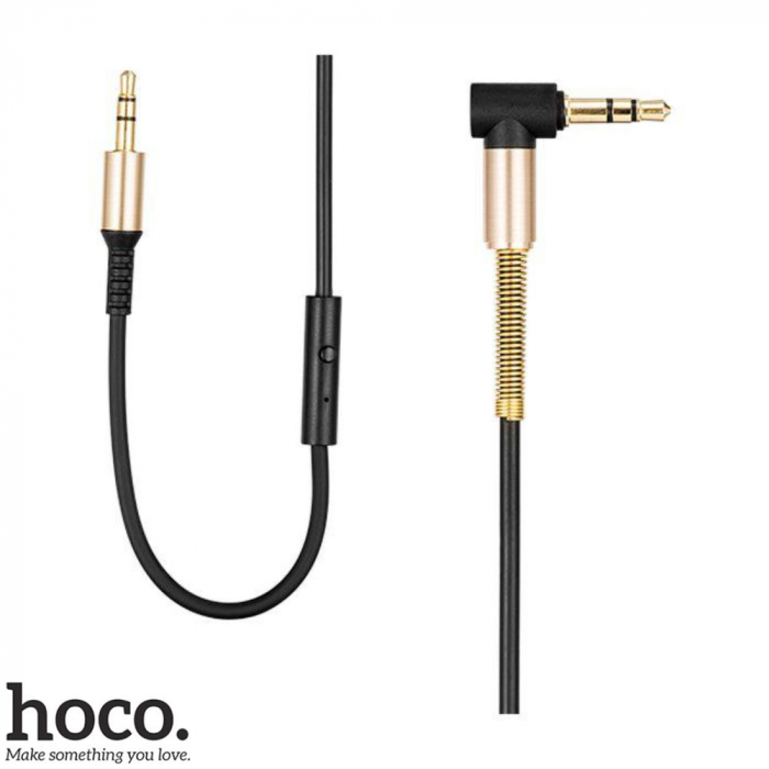 Cablu spiralat audio stereo cu microfon, lungime 2 m, Hoco UPA02-AUX, conector jack 3.5mm tata drept si conector jack 3.5 mm in unghi 90 grade, cu 3 pini, negru [3]