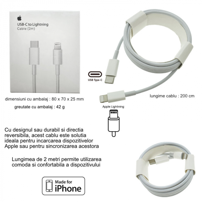 Cablu tip Lightning la USB-C, pentru Apple, A1702, 2m, alb, in blister [5]