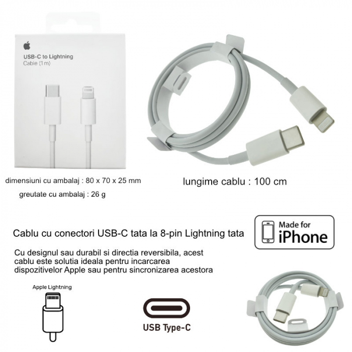 Cablu tip Lightning la USB-C, pentru Apple, A1703, 1m, alb, in blister [5]