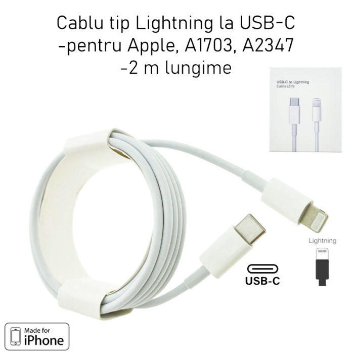 Cablu tip lightning la USB-C, pentru dispozitive Apple, A1703, 2m, alb, in blister [6]