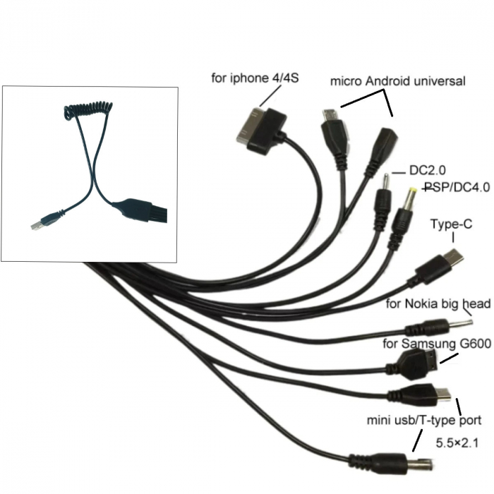 Cablu USB 10 in 1, CT101-C, alimentare de la USB, fir spiralat, 10 conectori cu cablu, negru [3]