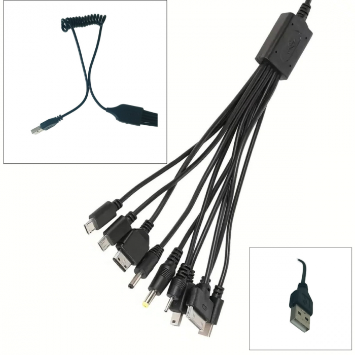 Cablu USB 10 in 1, CT101-C, alimentare de la USB, fir spiralat, 10 conectori cu cablu, negru [4]