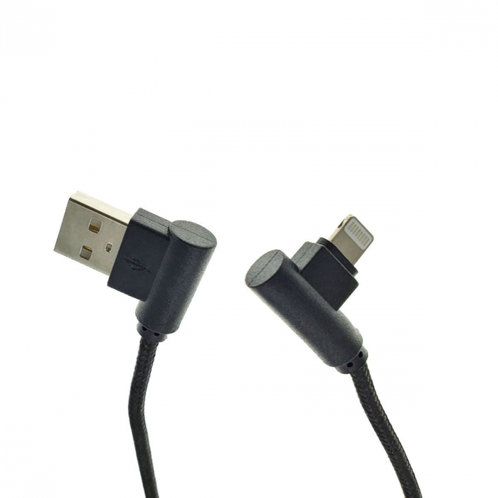 Cablu USB 2.0 compatibil cu conector lightning, unghi 90 grade la ambele capete, 300 cm lungime, invelis textil, negru [2]