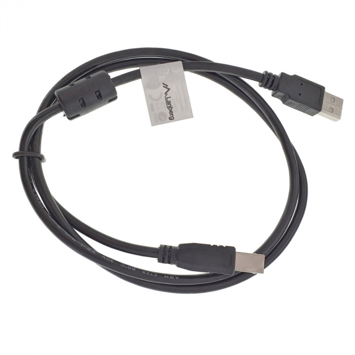 Cablu USB 2.0 pentru imprimanta, Lanberg 42864, lungime 100cm, cu miez de ferita, USB-A tata la USB-B tata, negru [1]