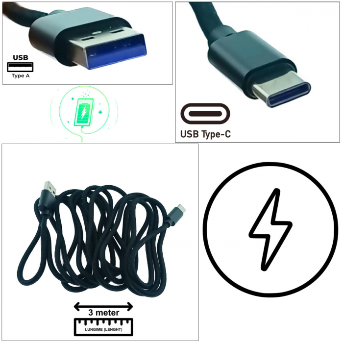 Cablu USB la USB tip C, 3 metri lungime, compatibil FastCharge, QuickCharge, SuperCharge si PD, invelis nailon impletit, negru [3]