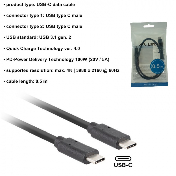 Cablu USB-C 3.1 gen.2 tata-tata, Lanberg 43691, Quick Charge 4.0, Power Delivery 3.0, 10GB/S, PD 100W, 50cm, negru [5]