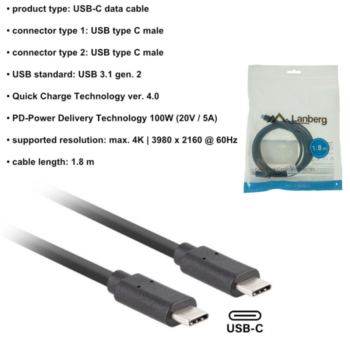 Cablu USB-C 3.1 gen.2 tata-tata, Lanberg 43693, Quick Charge 4.0, Power Delivery 3.0, 10GB/S, PD 100W, 180cm, negru [5]