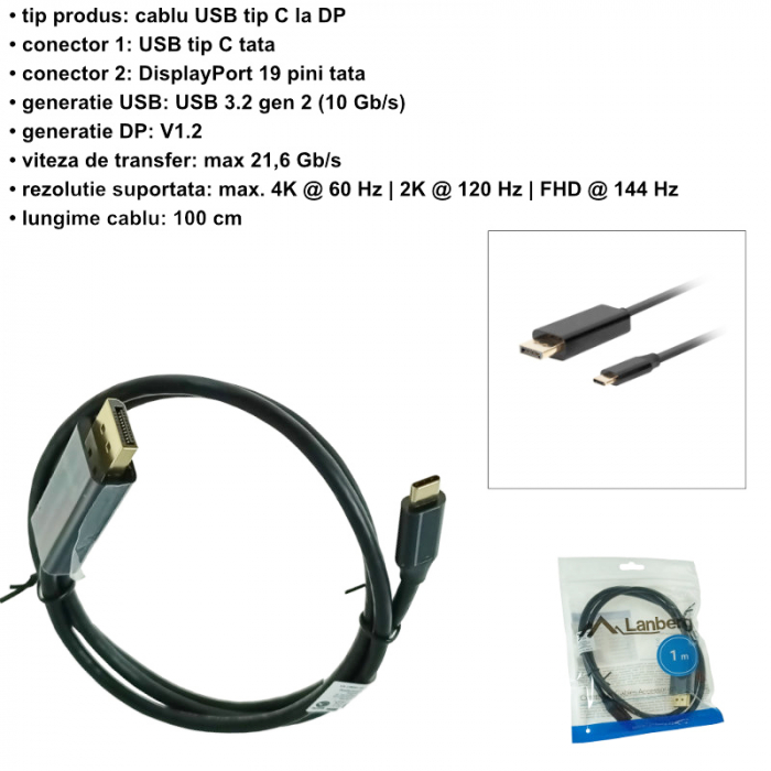 Cablu USB-C la DisplayPort, 1m, tata-tata, Lanberg 43679, HDR, DPCP 1.0, 4K-60Hz, negru [7]