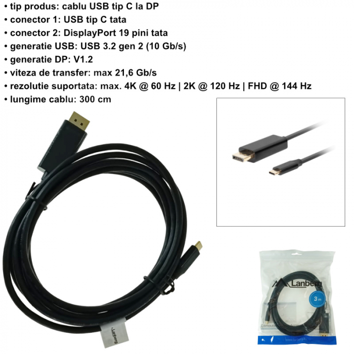 Cablu USB-C la DisplayPort, 3m, tata-tata, Lanberg 43682, HDR, DPCP 1.0, 4K-60Hz, negru [8]