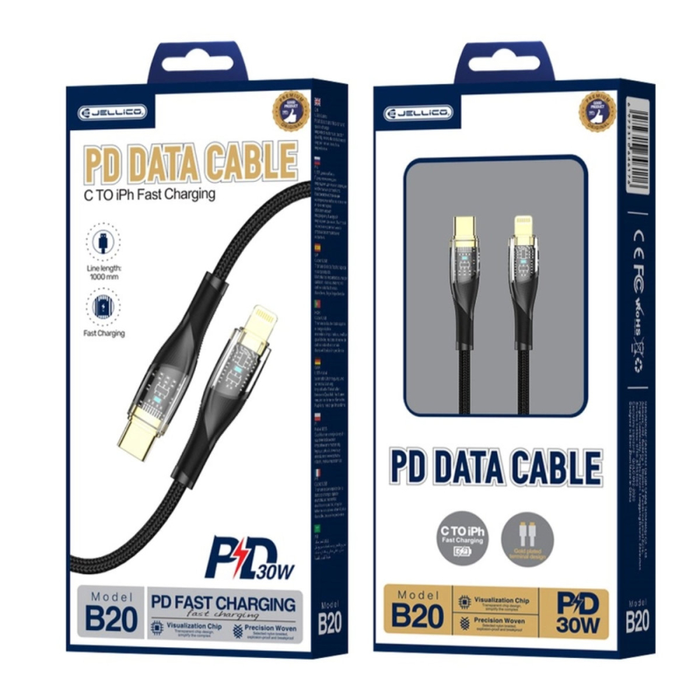 Cablu USB-C – la tip Lightning, pentru Incarcare Rapida PD 30W si Transfer Date, Cu Impletitura Nailon Rezistenta, 1m, Negru, Jellico B20 [4]