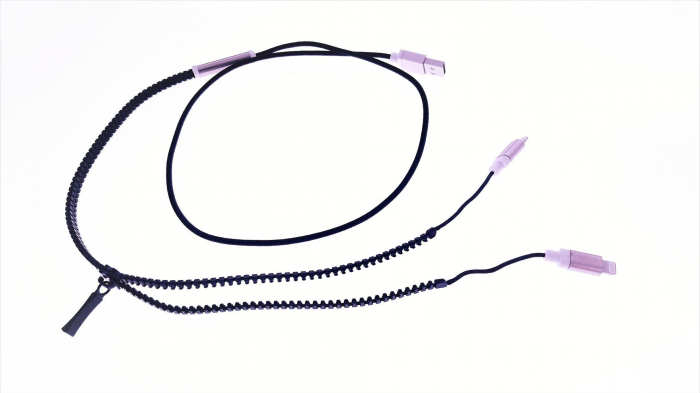 Cablu USB cu conector microUSB si conector compatibil lightning , model zipper, negru [2]