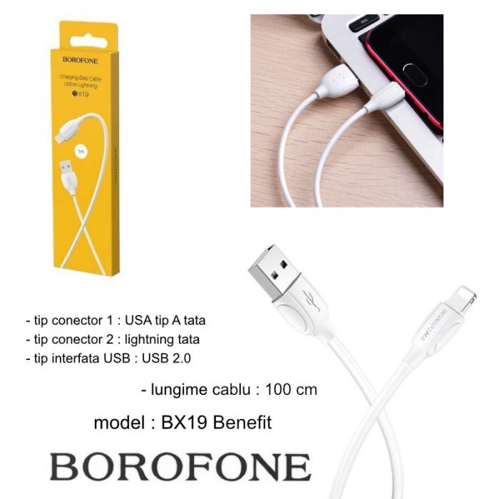 Cablu USB tata si conector compatibil lightning tata, Borofone BX19 Benefit, lungime 1m, alb [5]
