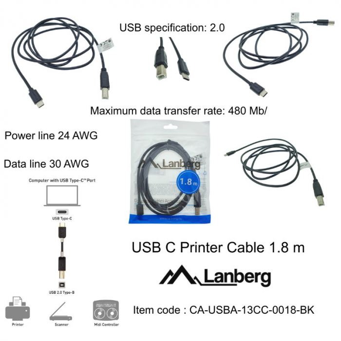 Cablu USB tip C imprimanta USB 2.0, 1.8 m, Lanberg 42977, USB B la USB-C, negru [6]