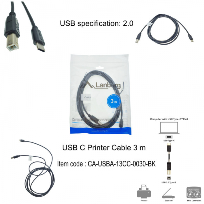 Cablu USB tip C imprimanta USB 2.0, 3 m, Lanberg 42978, USB B la USB-C, negru [6]