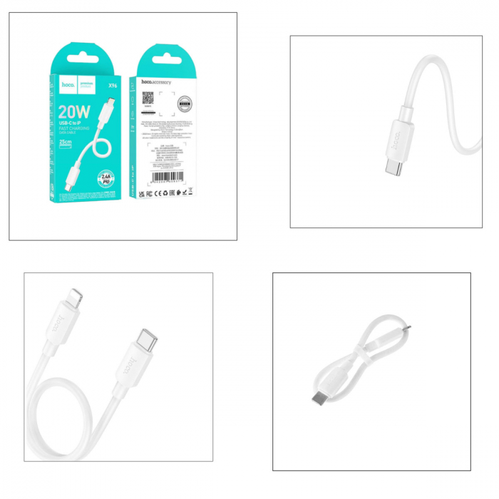 Cablu USB Tip C tata la conector tip lightning, HOCO X96, PD 20W, lungime 25 cm, Alb [6]