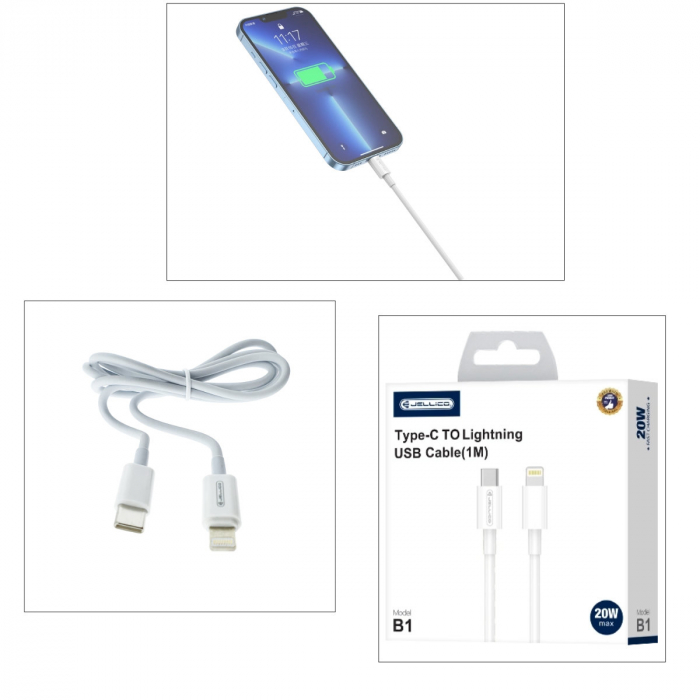 Cablu USB Tip C tata la conector tip lightning, JELLICO B1, PD 20W, lungime 100 cm, Alb [3]