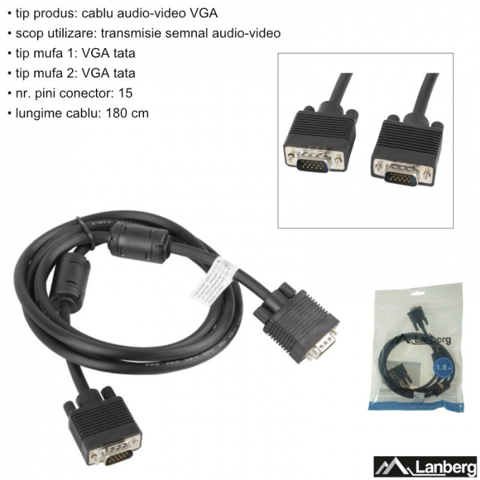 Cablu de conectare ecranat cu miez de ferita , Lanberg , VGA tata/VGA tata , 1.8 m , negru [6]